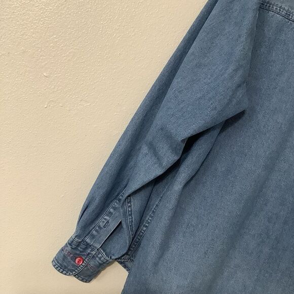 Vintage 90s Western Cottagecore Grandmacore Pink Embroidered Denim Blouse Medium - Picture 7 of 11